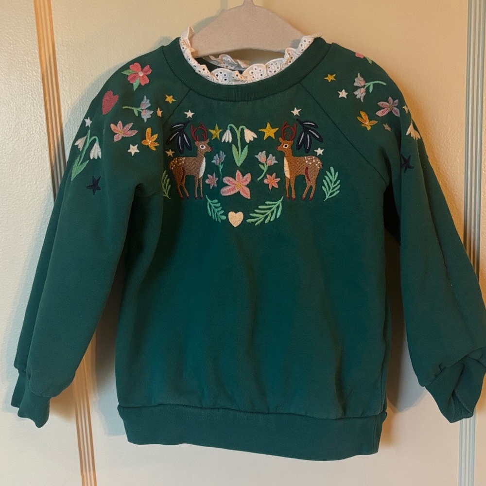 Mini Boden Green Sweatshirt with Multicolor Embroidered Deer and Flowers